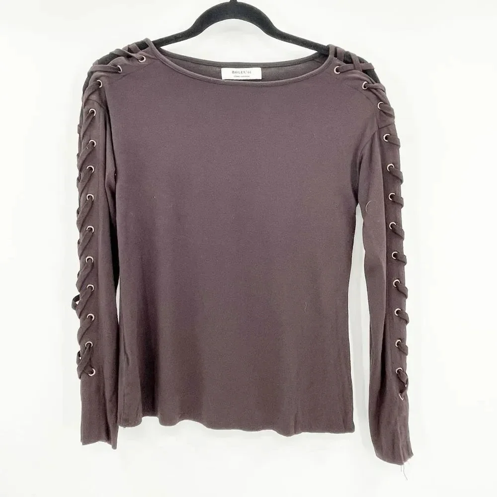 Bailey/44 Lace Up‎ Sleeve Casual Top Women's Size XS Brown Round Neck Pullover